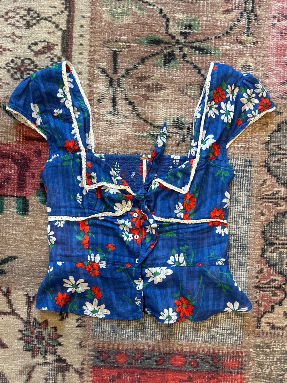 Free People Blue Floral Tie-Front Crop Top